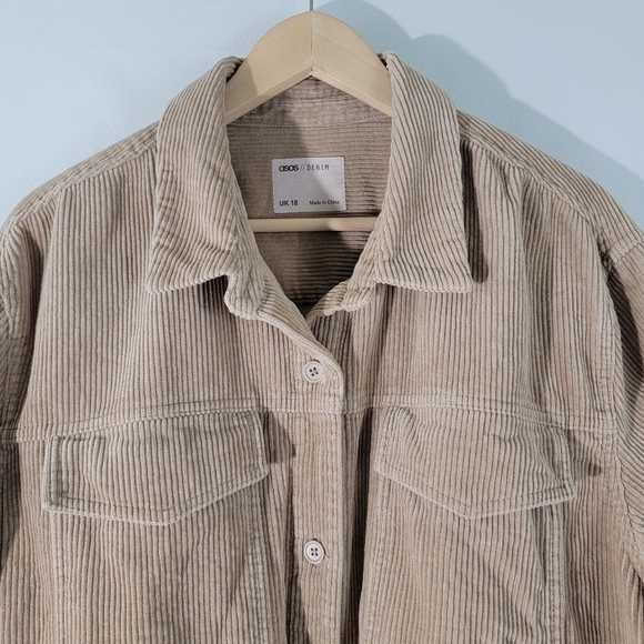 Asos Women's Plus Size Beige Corduroy Shacket Sz 18 Cinched Waist Raw Hem Pocket - Picture 5 of 12